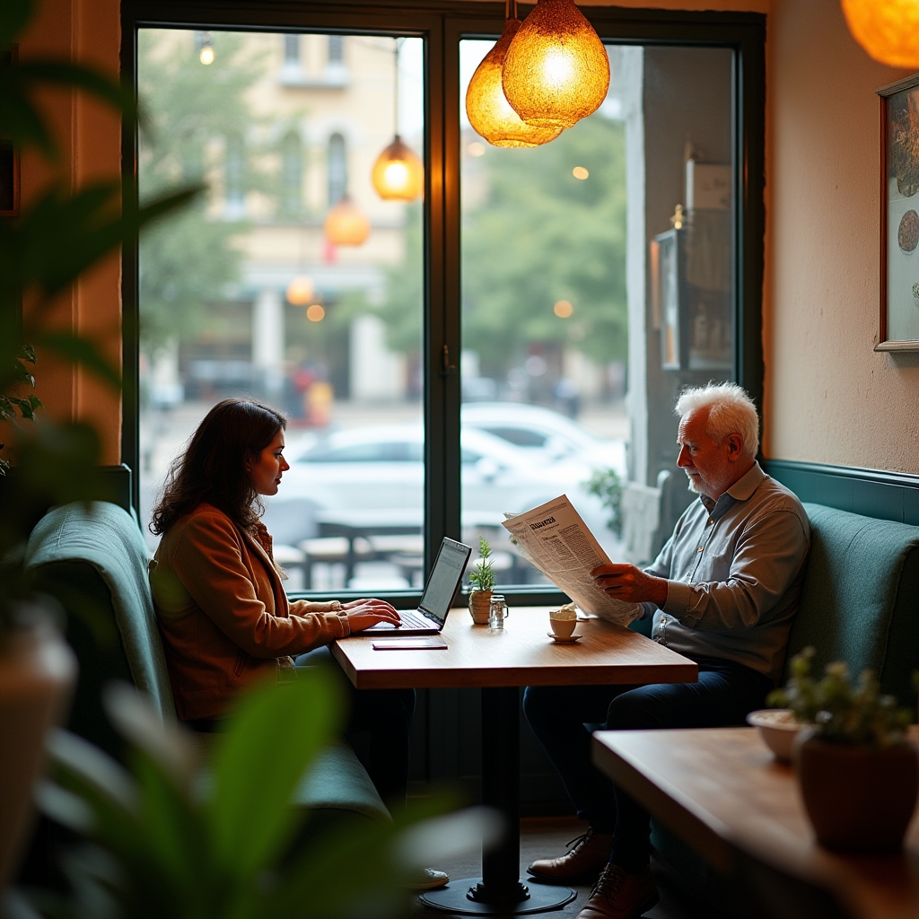 Cozy coffee shop seating area with customers working at small tables near a window