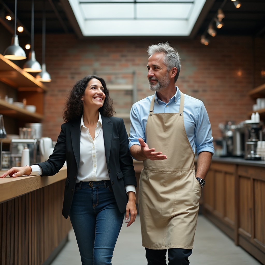 Consultant and coffee shop owner walking through the cafe floor discussing customer movement