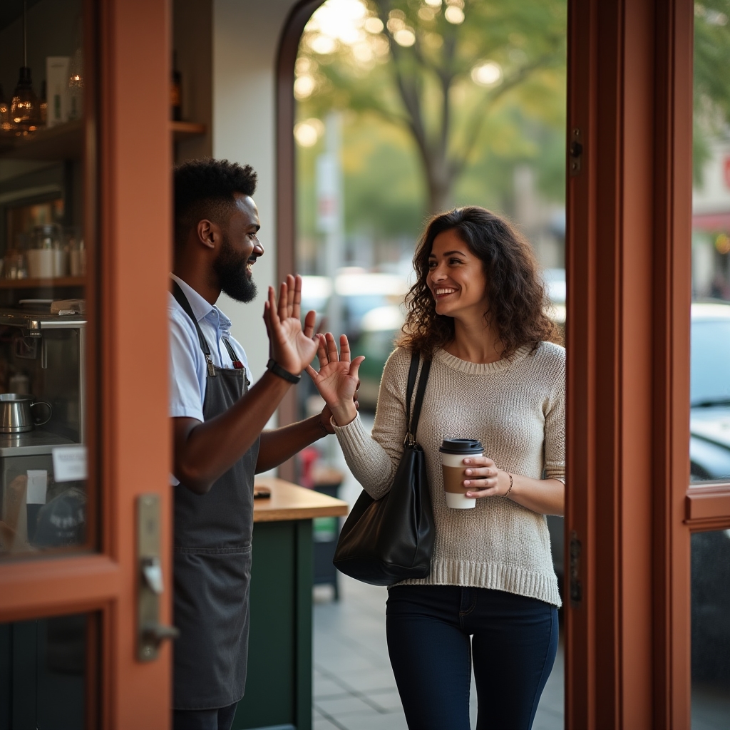 Customer waving goodbye to a barista while leaving a coffee shop holding a takeaway cup
