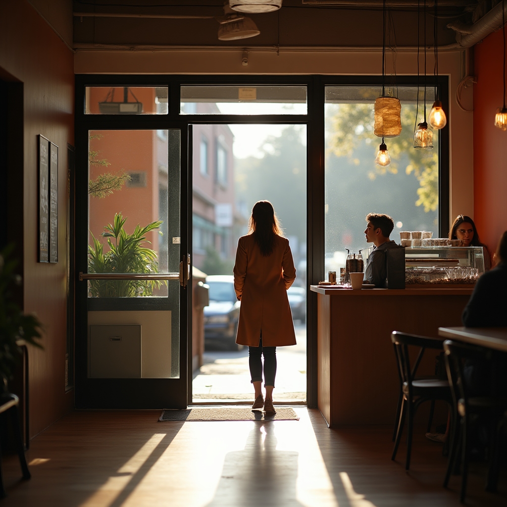 Customer entering a bright independent coffee shop through a glass door with a clear view to the counter