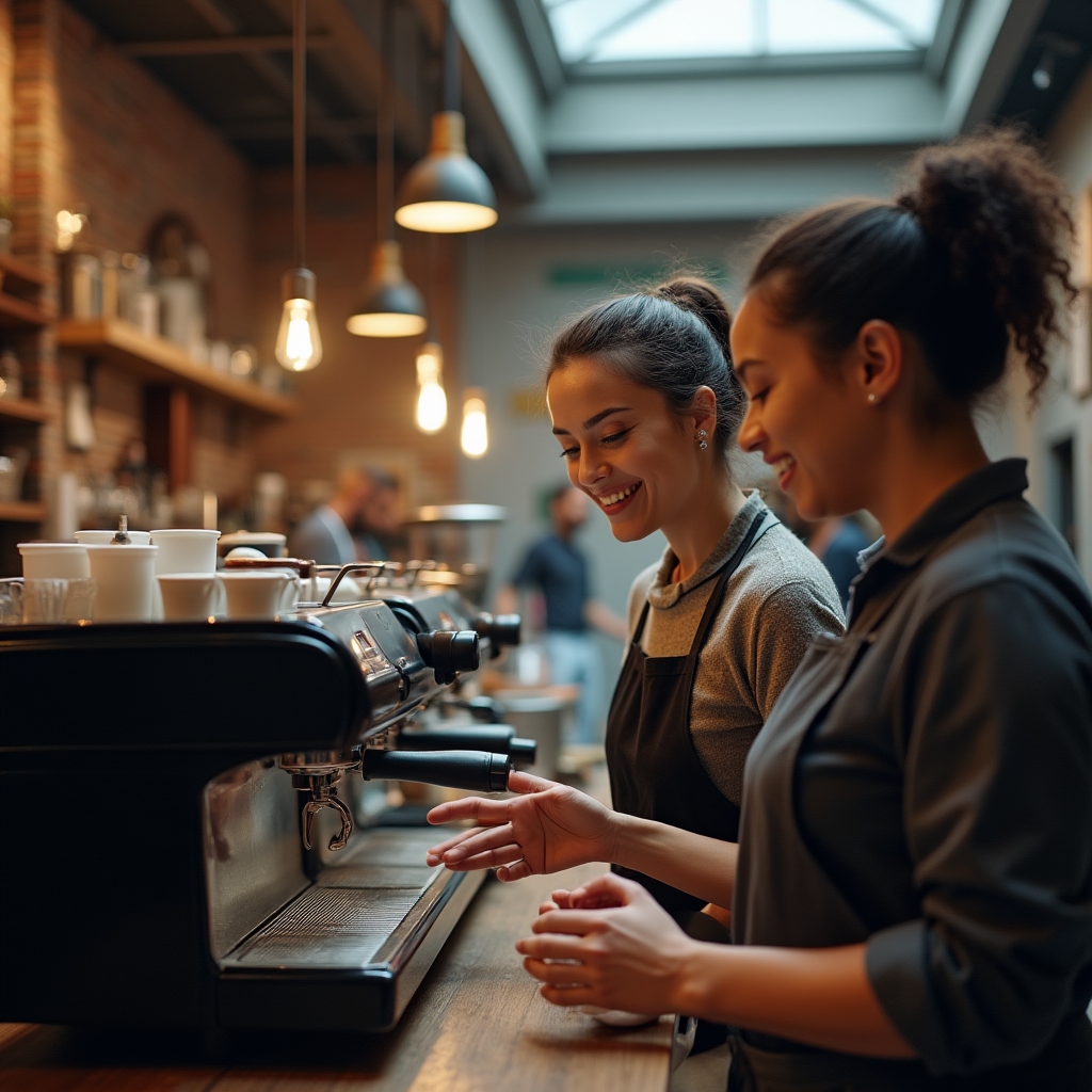 Barista trainer coaching two staff members near the counter of a coffee shop