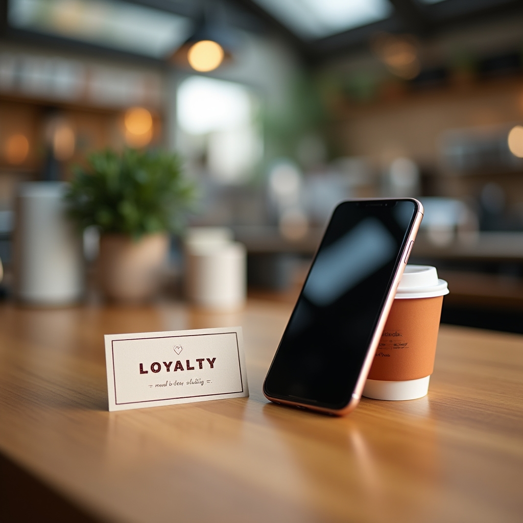 Simple loyalty punch card and a phone showing a loyalty app resting on a coffee shop counter