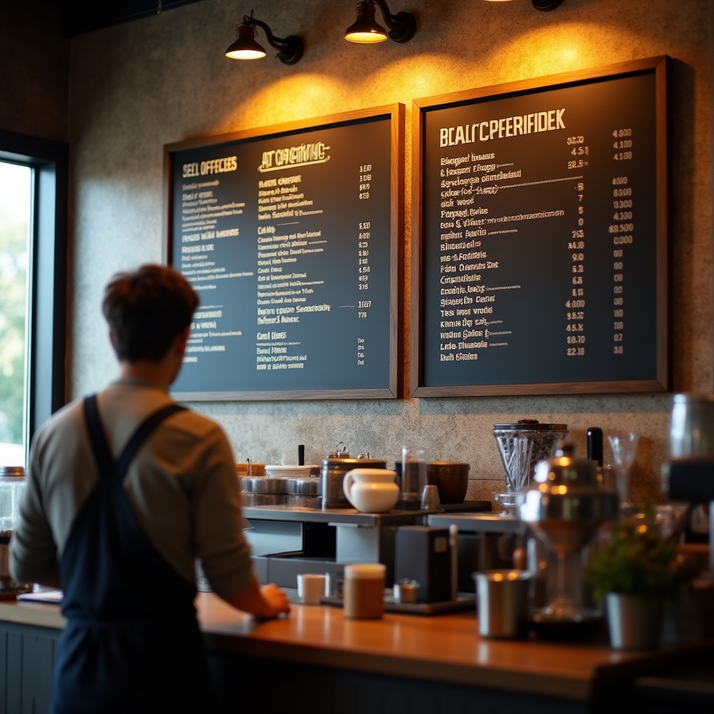 Close view of a coffee shop menu board mounted above the counter with clearly grouped drink categories