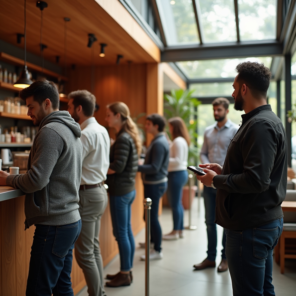 Customers standing in an organized single line queue during a busy morning rush at a coffee shop counter