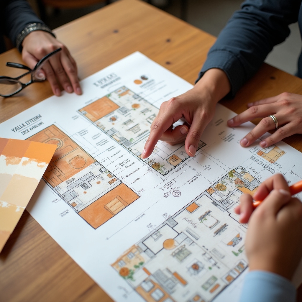 Planning session with sketches of a coffee shop floor plan and menu board layout on a table