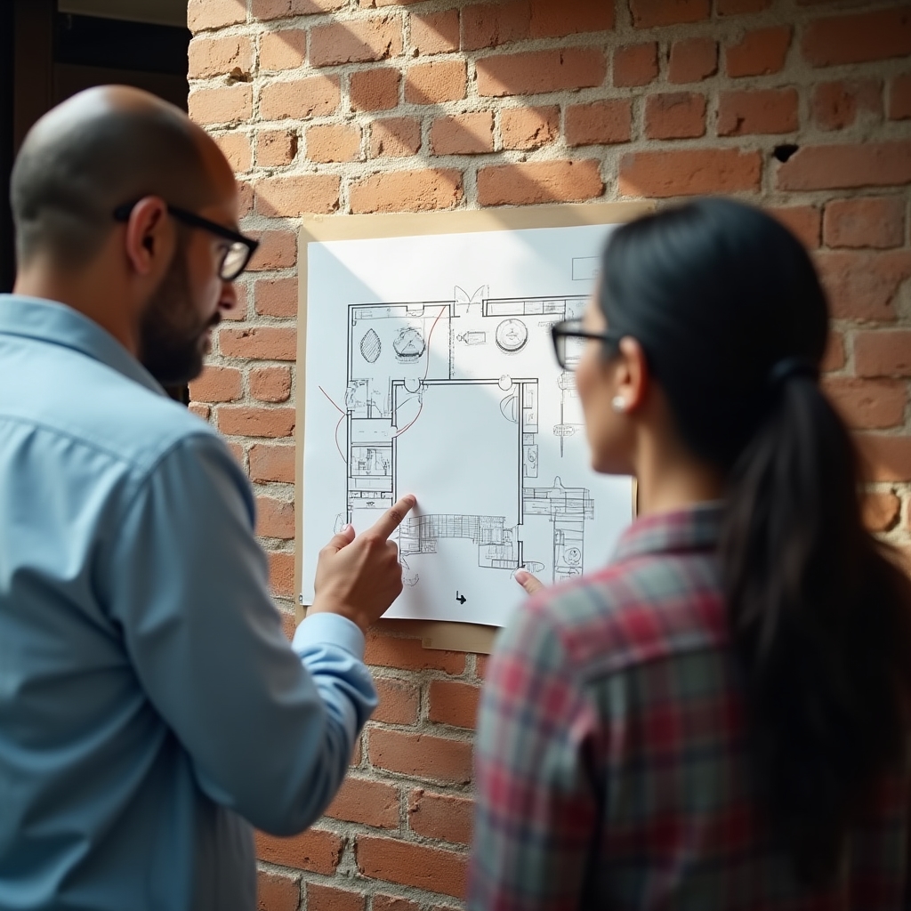 Consultant and coffee shop owner reviewing a marked-up floor plan showing customer traffic paths