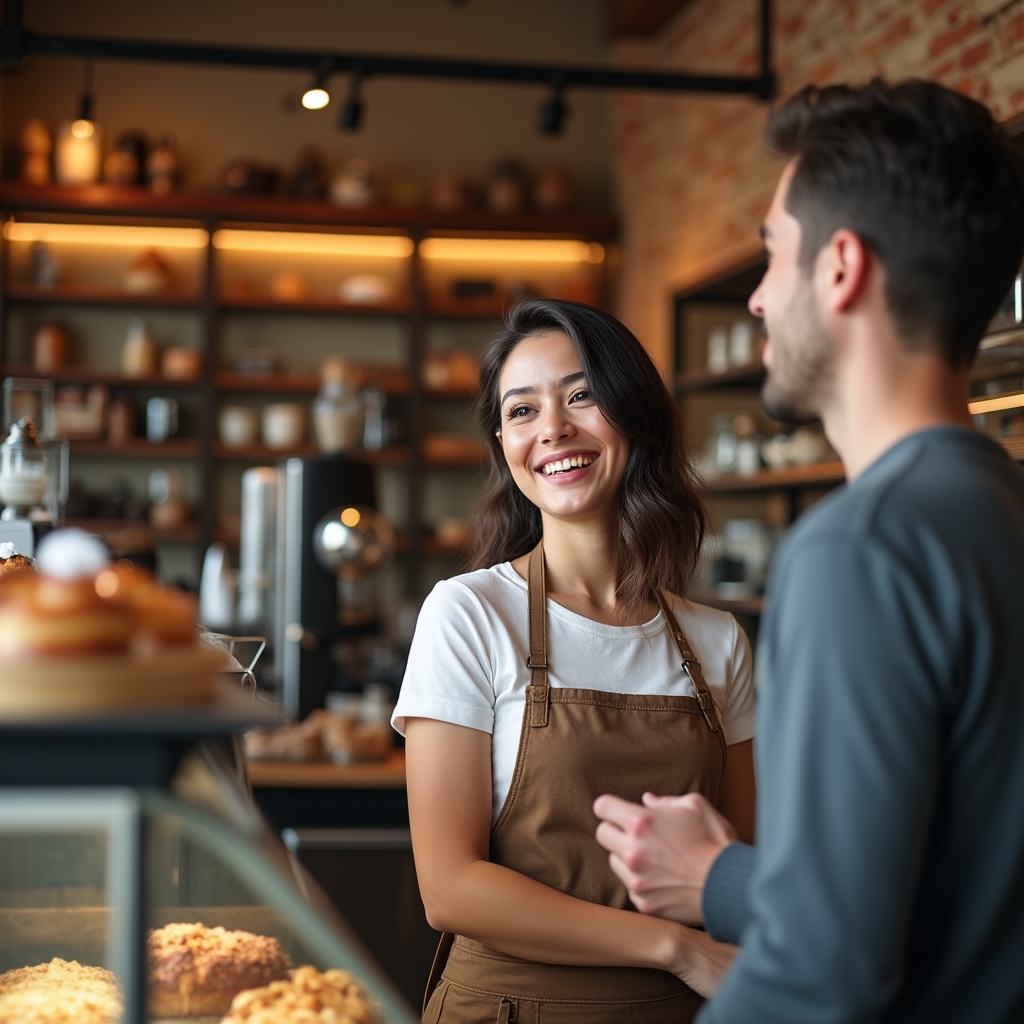 Barista smiling while suggesting a pastry to a customer at the register during an order